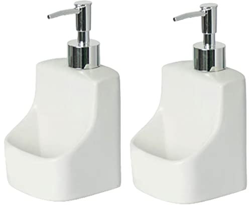 SBCGFY 390 ml/13,2 Unzen Seifenspender Dual-Use Keramik Nachfüllbare Flüssigkeitsflaschen mit Metallpumpe Arbeitsplatten Vielseitige Seifenschale Pumpflasche(Weiß, 2er-Pack)