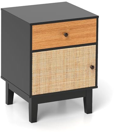 COSTWAY 1/2 Mesitas de Noche de Ratan, Cajón y Armario, Mesillas de Noche Bohemio con Patas de Madera Pino, Mesa Auxiliar Dormitorio Salon Sofa, 40 x 39 x 55 cm (1, Negro)