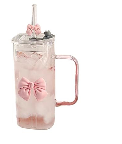 Bow Shaped Square Transparent Glass Cup with Lid Straw Handle Suitable for Women and Girls Heat Coffee Tea Cup Uws492 (13.5X6CM)