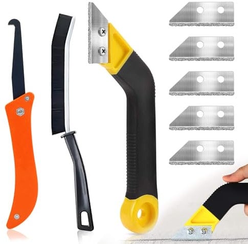 8 Pcs Pro Grout Scraping Rake Tool, Grout Clean Remover Tile Grout Hand Saw Angled with 5 Pcs Extra Replacement Accessories Bruch for Tile Cleaning