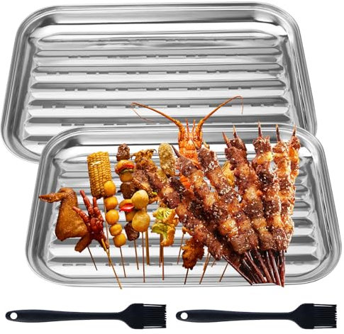 Sporgo Set di 2 ciotole per barbecue, in acciaio inox, 34 x 24 cm, riutilizzabile, con spazzola, accessori per barbecue, per verdure, pesce, carne, cestini per barbecue, adatti per tutti i barbecue a