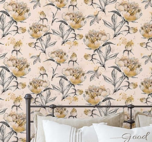 S4Sassy Revestimiento de pared autoadhesivo, elegante estampado floral de peonías con textura, mural beige para renovación instantánea de paredes,baño y lavandería, autoadhesivo, 63 x 61 cm