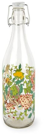 Excelsa La Via della Seta Bottiglia in Vetro Decorata con Motivi Floreali, 1L, con Tappo Ermetico