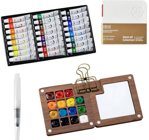 Mini Aquarell Set,Tragbare Aquarellpalette mit 15 Grids,Holz Malkasten für Reisen – Pocket Artist Travel Set mit Aquarellpapier,Aquarellpinsel Stifte,Clip&Skizzenbuch für Outdoor Malen (MIT 24 Farben)