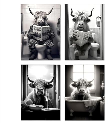 BaiDekun 4 Stück Lustige Highland Cow Wandbilder, Schwarz-weiß Bad Poster A4 Wandbilder, Rustikale Kuh Leinwand Bilder für Badezimmer Toiletten Deko