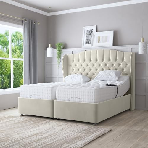 Zaye Living Chelsea Winged Floor Standing Twin Adjustable Electric Bed with (5ft or 6ft – Velvet Ivory). Luxury Adjustable Bed Base with Headboard, & Independent Dual Controls. (Cream, King 5 ft)