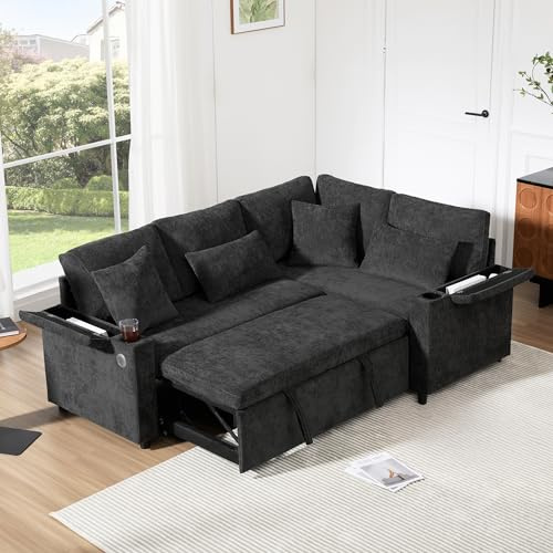 YuQozii L-förmiges, ausziehbares Ecksofa, Canapé Convertible mit Stauraum, Getränkehalter, USB-Ladeanschluss, Armlehnenablage und Zwei Kissen. Geeignet für Wohnzimmer, Gästezimmer und Wohnu (Grau)