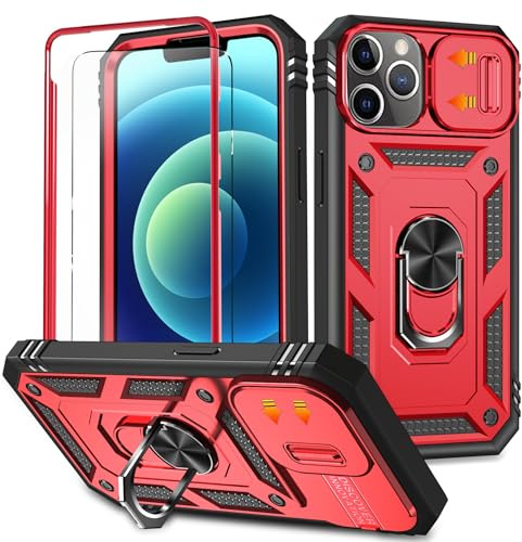 YmhxcY for iphone 12 Pro Max Case with Camera Cover Slider,Screen Protectors,Build in 360°Rotating Ring Kickstand, Military Grade Protective Case for iphone 12 Pro Max 6.7-Black/Red
