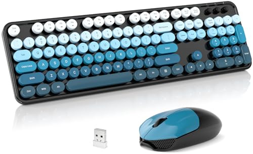 SQMD Wireless Keyboard and Mouse Combo, 2.4GHz Retro Full-Size Typewriter Keyboard with Number Pad and Wireless Mouse for PC/Laptop/Desktop/Windows (Black Blue)