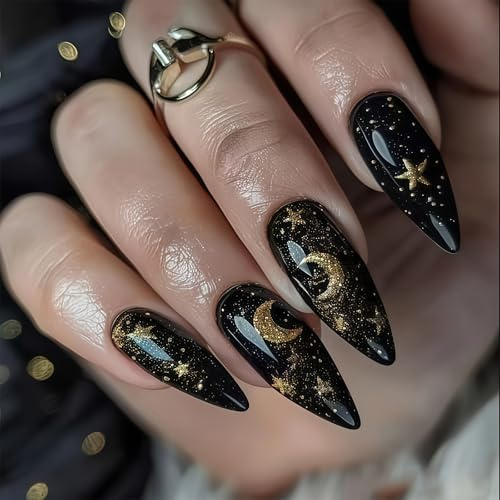 24Pcs Black Press on Nails Almond, Nails Press Ons with Moon Stars Design, Medium Fake Nails for Women, Girls, Beginners for Parties, Daily Wear, Home DIY
