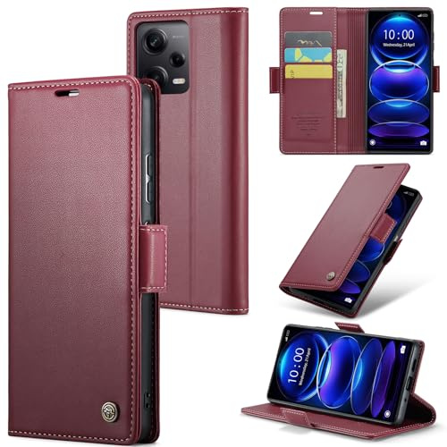 Rerzoiro Handyhülle für Xiaomi Redmi Note 12 Pro 5G Hülle, Premium PU Lederhülle Klappbar Flip Case [RFID Blocker] Tasche Magnet Kartenfach Klapphülle Schutzhülle für Xiaomi Redmi Note 12 Pro 5G, Rot