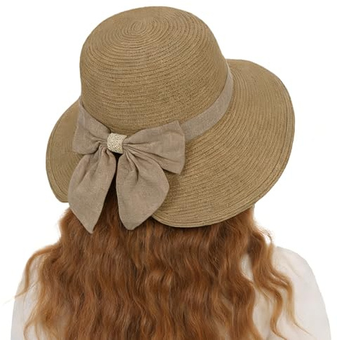 Jywmsc Sombreros de Paja para Mujer Sombrero de Playa para el Verano Sombreros de ala Ancha con Lazo a la Moda