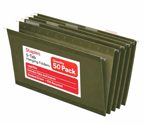 Staples Hanging File Folders, Legal Size, 1/5‑Cut Tabs, Standard Green, Includes Tabs & Paper Inserts – 50/Pack