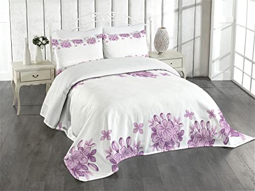 ABAKUHAUS Blumen Tagesdecke Set, Romantische Lilac Garden, Set mit Kissenbezügen Waschbar, für Doppelbetten 264 x 220 cm, Weiß Lila