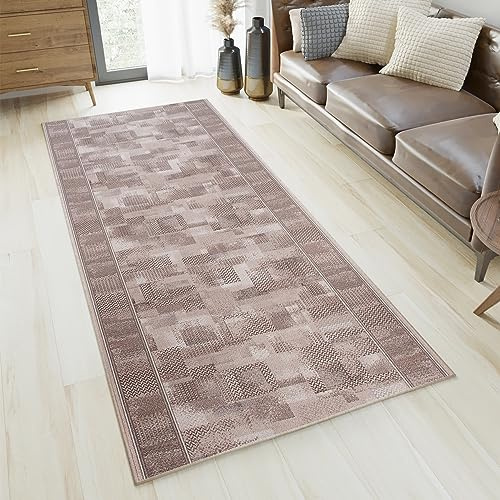 TAPISO Anti Rutsch Teppich Läufer rutschfest Brücke Meterware Modern Grau Beige Verwischt Figuren Design Flur Küche Wohnzimmer 67 x 120 cm
