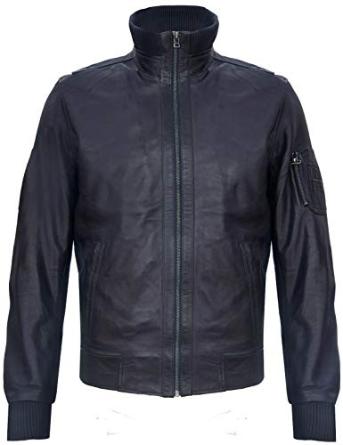 Men's Navy Nappa Leather Slim Fit Varsity Bomber Jacket S
