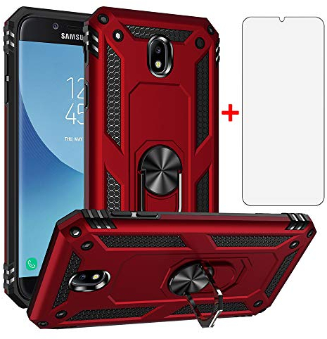 Asuwish Handyhülle für Samsung Galaxy J5 2017 Hülle mit Glas Folie Schutzfolie und Magnetisch Ring Ständer Panzerfolie J5 Pro Duos SM-J530F/DS J530F Slim Handy Hüllen Schutzhülle Phone Case Rot