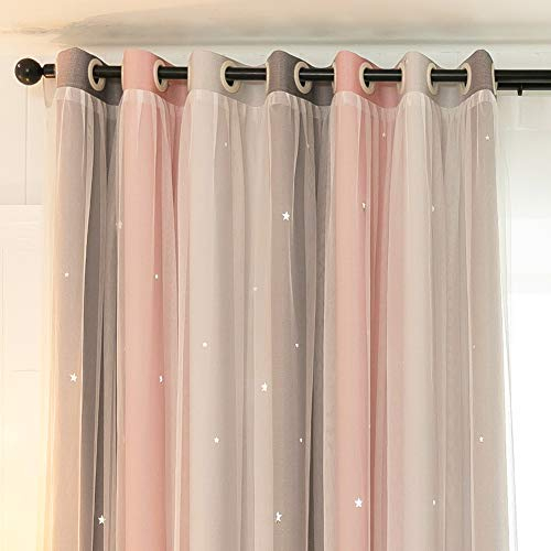 Michorinee Vorhang Kinderzimmer Blickdicht Gardinen Verdunkelung Mädchen Hohle Sterne Vorhänge Farbverlauf Kurz mit Ösen Voile für Jugendzimmer, Grau Rosa 1 Stücke 182 × 117cm (H × B)