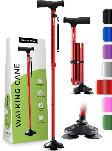 HONEYBULL Selbststehender Gehstock für jedes Gelände – Faltbar, höhenverstellbar, mit ergonomischem Griff & Rutschfester Drehspitze – für Senioren & Erwachsene, Männer & Frauen (Rot)