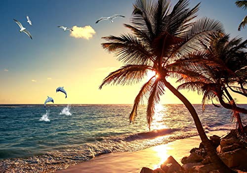 Wesmilewallpaper Papier Peint Panoramique Plage Tropicale Palmier 350X245cm | Paysage Plage Ensoleillé Ambiance Vacances Océan Rayon De Soleil Intissé Soie Murales Poster Décoration Murale Chambre Salon