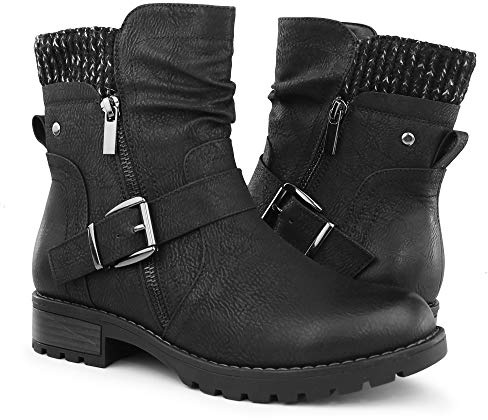 Hawkwell Women's Combat Boots Fashion Side Zipper Buckle Ankle Booties,Black PU,7 M US