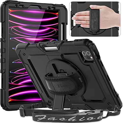 timecity Hülle für iPad Pro 11 Zoll 2022/2021/2020/2018 (4./3./2./1.Generation), Für iPad Pro 11 Hülle Stoßfeste Cover, mit Displayschutzfolie, 360 Drehen Handschlaufe Schultergurte Steht-Schwarz