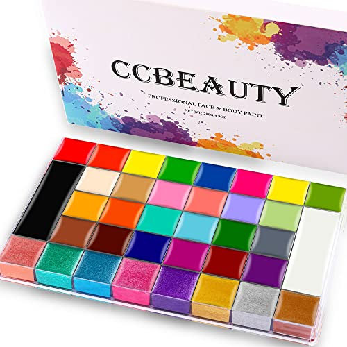 CCbeauty Kit professionale per pittura facciale 36 colori (22 normali, 8 luccichio e 6 colori bagliori) Halloween Neon Body Paint Oil Based SFX Cosplay Grande tavolozza di pittura facciale nero bianco