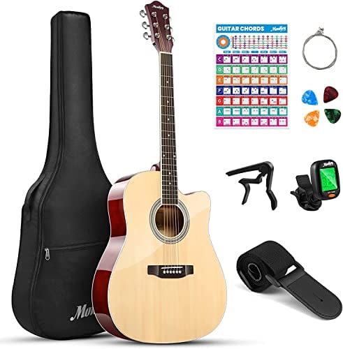 Moukey 41 in Acoustic Guitar kits for Beginners Adults 4/4 Guitarra Acustica with Chord Poster, Gig Bag, Tuner, Steel Strings, Capo, Strap, Natural