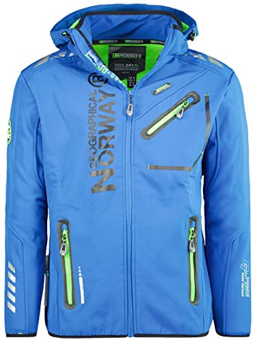 Geographical Norway ROYAUTE MEN - Veste Softshell Homme Impermeable - Manteau À Capuche Outdoor - Blouson Coupe Vent Tactique Resistant Hiver - Activites En Exterieur (Bleu royal/Vert M)