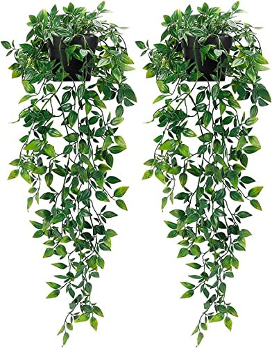 ARIATI FEJKA Pack of 2 Artificial Green Hanging Potted Trailing Plant for Indoor and Outdoor Use - Fake Potted Plants Shelf Wall Decor