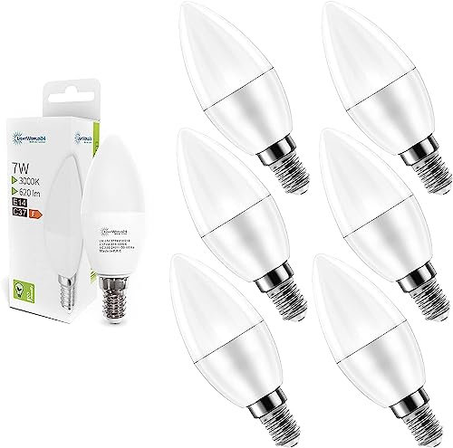 LIGHTWORLD24 7W E14 LED Warmweiss 3000K, E14 LED Lampen Glühbirne Kerze, 620 Lumen Birnen in Kerzenform, Ersetzt 50 Watt 6er SET