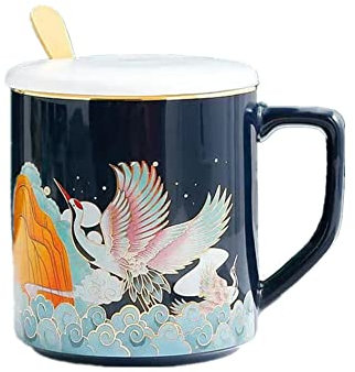Set di tazze da caffè in ceramica, stile classico, con coperchio e cucchiaio, tazza da caffè da 362,9 ml, tazza da caffè unica per coppie, matrimoni, feste di compleanno e regalo del Ringraziamento