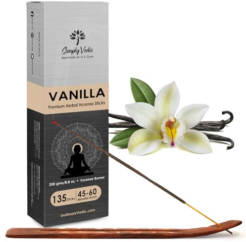 Simply Vedic Vanille-Räucherstäbchen 250 Gramm (ca. 135 Premium-Räucherstäbchen + Räucherstäbchenhalter)| Dauert 60 Minuten, ideal für Meditation, Yoga, spirituelle Heilung, Gebete, Aromatherapie