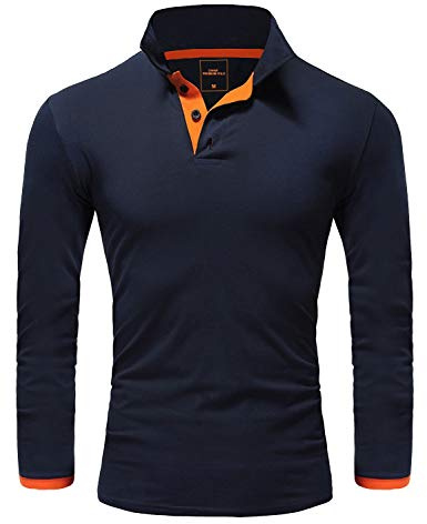 REPUBLIX Herren Poloshirt Basic Kontrast Langarm Polohemd Shirt R0521 Navyblau/Orange L
