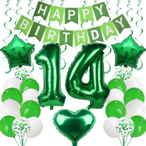 Ballons 14. Geburtstag Grün - Luftballons und Girlande für Jungen und Mädchen - Geburtstagsdeko 14 Jahre