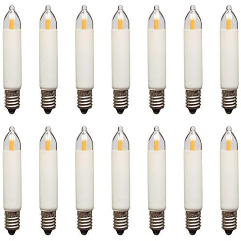 Erzgebirgslicht - AUSWAHL - 14 Stück LED Filament Kleinschaftkerze 34V 0,2W E10 für 7 Brennstellen Ersatzbirne Glühbirne Minischaftkerze Glühlämpchen für Lichterketten Pyramide und Schwibbogen