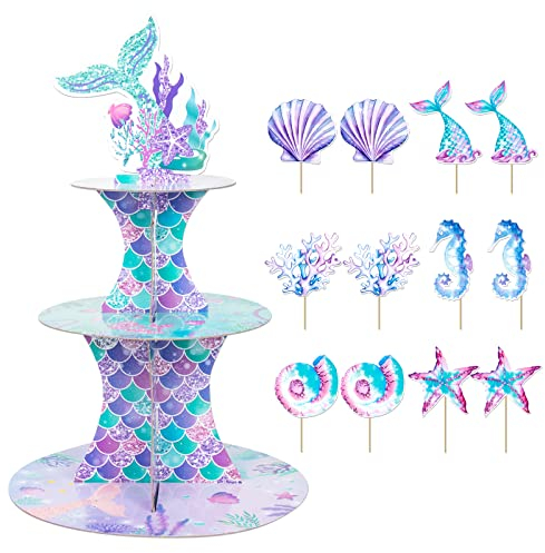 OPUHOHR 3-Tier Mermaid Cupcake Stand, Mermaid Theme Cake Topper, Dessert Tower Holder for Birthday, Baby Shower Party Supplies (XJ-096)
