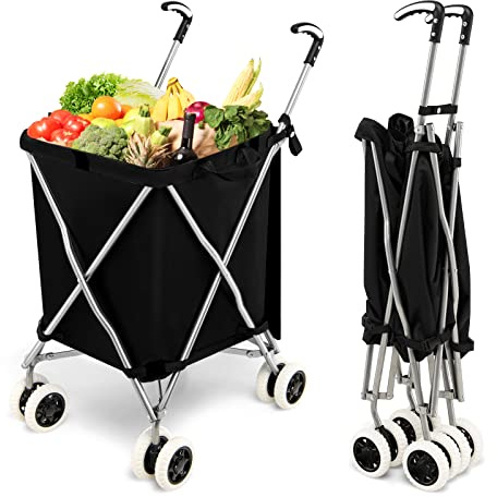 TANGZON 90L 8-Wheel Folding Shopping Trolley, Extra Large Lightweight Shopping Cart with Easy-Grip Handles, Steel Frame Push/Pull Utility Carts for Mobility (Black)