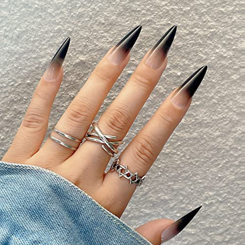 JUSTOTRY 24 Stück Stiletto Nägel Zum Aufkleben Lang, Gradient Schwarz French Künstliche Nägel, Mandel Kunstnägel Press on Nails mit Nagelkleber, Pretty Fingernägel Fake Nails für Frauen