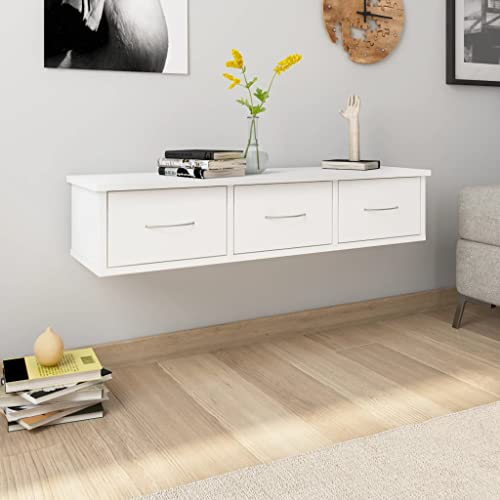 WIFESE Wand Schubladenregal 88x26x18,5 cm Wandregal Wohnzimmer Wandregale Hängeregal Regal Wand Schweberegal Schwebend Wandschrank Wandmontage Weiß Holzwerkstoff mit 3 Schubladen