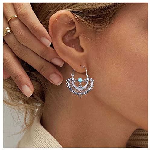 Allereya Vintage Turquoise Dangle Earrings Tribal Totem Drop Earrings Half Circle Dangling Earrings Silver Fan Shape Earrings Semi Circle Earrings Jewelry for Women and Girls (Silver)