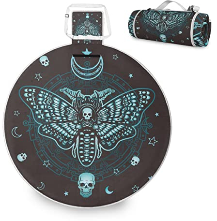 ALAZA Runde wasserdichte Picknickdecke, Gothic-Totenkopf-Schmetterling, tragbar, zusammenklappbar, für drinnen und draußen, Matte für Reisen, Wandern, Camping, Park, 148 cm