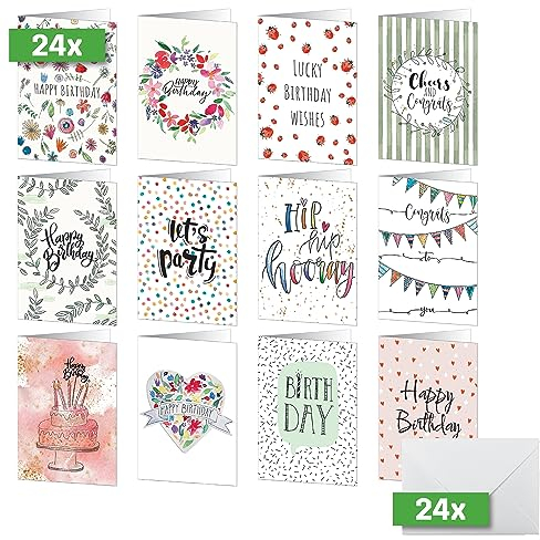 SIGEL DS704 Geburtstags-Karten-Set, 24 Stück, A6, inkl. weiße Umschläge, 12 unterschiedliche Geburtstagskarten, aus nachhaltigem Papier