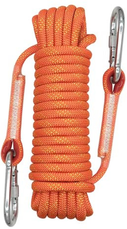 LUKASOHY Climbing Rope, 10mm Outdoor Safety Rope, Nylon Rope Static Rock Climbing Rope with Carabiner, Good for Mountaineering, Camping, Rescue, Fire Escape, Ice Climbing, Exploration (Orange, 10m)