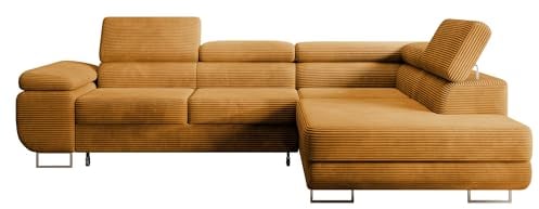 Selsey STEVIL - Ecksofa L-Sofa mit Schlaffunktion, Bettkasten, Ottomane rechts, Cordbezug Senfgelb