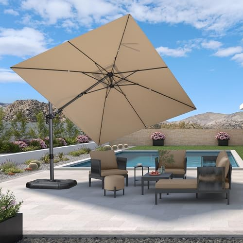 PURPLE LEAF Sonnenschirm Twist 360 cm x 270 cm, Ampelschirm Groß, Kippbar Gartenschirm mit Kurbel, Gestell Aluminium, Neigung am Mast, 360° Rotation, UV-beständig, Beige