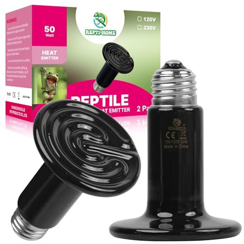 REPTI HOME Reptile Heat Lamp, Ceramic Heat Emitter E27 50W-2Pack, Ceramic Heat Bulb for Terrarium Light, Reptiles, Lizards, Tortoise, Snakes, Chicken