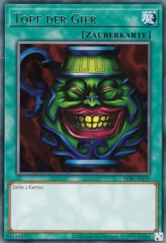 LOB-DE119 - Topf der Gier - Rare - Reprint - Deutsch - Legend of Blue Eyes White Dragon (25th Anniversary Edition) - mit LMS Trading Fieldcenter-Karte Yugioh