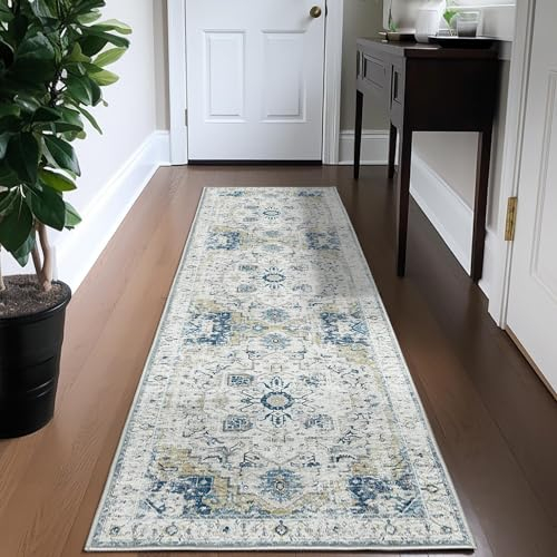 TOPICK Läufer 60x180cm Hellblau Flur Floral Teppich Waschbar Superdünne Faltbar Vintage Blumenteppich Kurzflor Orientalischer Küchenteppich Eingangsmatte Büro Teppichläufer