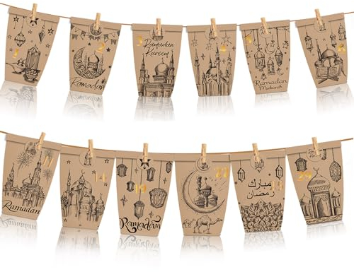 ACAREY Ramadan Kalender zum Befüllen, 30 Ramadan Dekoration Tüten für Kinder und Erwachsene, Kraftpapiertüten in Mint mit 36 Zahlenaufkleber & 30 Clips für Eid Mubarak Dekoration, Ramadan Geschenk